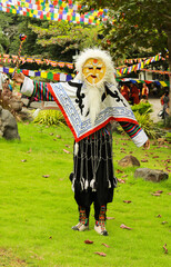 A Tibetan folk artist dressed in religious costume, traditional, buddha, colorful, dancer, face mask, masquerade mask during Buddhist New year celebration in India.