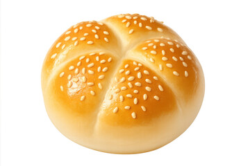 Sesame-topped kaiser roll, freshly baked and golden, resting on transparent background with crisp texture and bakery-fresh appeal