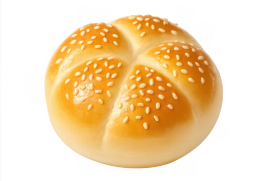 Sesame-topped kaiser roll, freshly baked and golden, resting on transparent background with crisp texture and bakery-fresh appeal