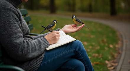person sitting peacefully on a park bench, sketching in a notebook, with a small, friendly bird perched on their hand