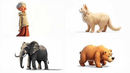 A group of four different types animals background gesture style layers creative design expression elements depth figure cartoonish scene emotion illustration frame movement backgrounds