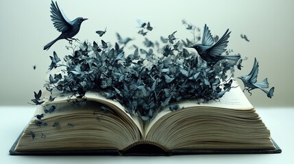 Open book unleashes a dramatic swarm of dark birds and butterflies symbolizing imagination storytelling freedom and the transformative power of literature education knowledge and creative expression