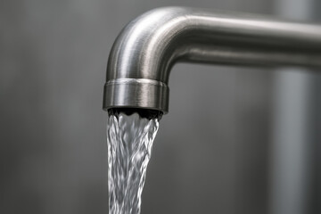 Stainless steel faucet with clean running water stream in kitchen interior, focus on flowing hydration and modern utility concept