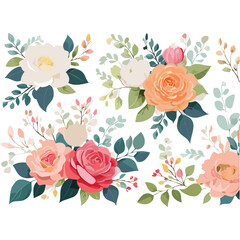 Flowers set elements. Vector floral illustration roses, leaves and branches in rustic style. Tender flowers for your template design. valentines day or wedding invitations