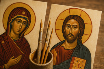 Traditional hand painted christian icons featuring jesus christ and virgin mary with art brushes on a wooden table background © smth.design