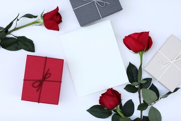 Red roses, empty blank sheet, place for text, postcard, roses, day, free space, top view