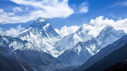 Fototapeta premium The majestic and awe-inspiring snow-capped mountains and peaks: Towering Summits Cloaked in Frost, Where Crisp Ice Meets Sky—Nature’s Grand, Breathtaking Landscapes.