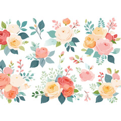 Flowers set elements. Vector floral illustration roses, leaves and branches in rustic style. Tender flowers for your template design. valentines day or wedding invitations