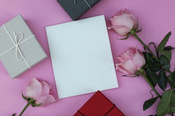 Empty blank sheet of paper on pink background, place for text, postcard, roses, day, free space, top view
