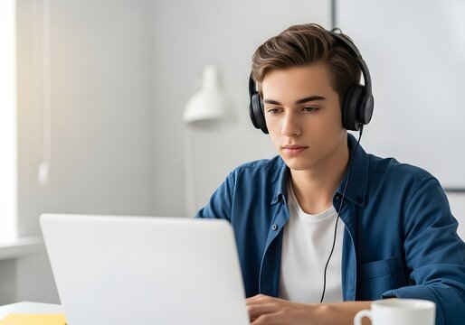 Teenage boy wearing headphones using laptop for online learning at home