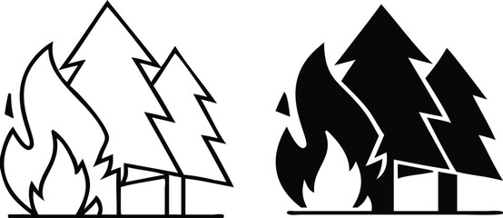 Wildfire Icons. Black and White Vector Icons. Bonfire and Trees. Danger to Nature. Ecological Problem. Climate Change Concept.