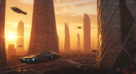 futuristic cityscape at sunset, with tall, elegant buildings made of reflective glass catching the warm, orange light