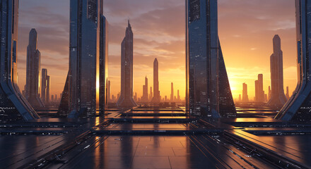 futuristic cityscape at sunset, with tall, elegant buildings made of reflective glass catching the warm, orange light