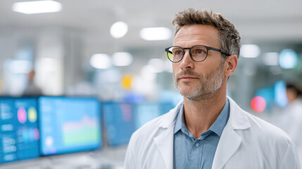 Fototapeta premium Professional Male Scientist in Lab Coat Reflecting on Research Achievements Against Futuristic Laboratory Background with High-Tech Screens
