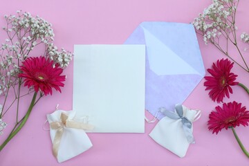 Gerberas, empty blank sheet, place for text postcard, roses, day, free space, top view