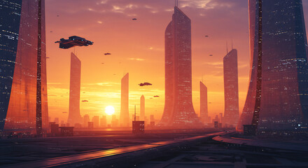 futuristic cityscape at sunset, with tall, elegant buildings made of reflective glass catching the warm, orange light