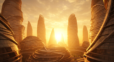 futuristic cityscape at sunset, with tall, elegant buildings made of reflective glass catching the warm, orange light