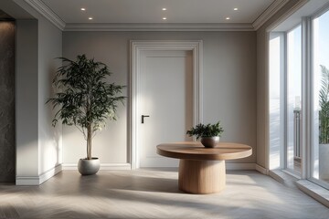 Interior featuring a door and table, rendered in 3D to emphasize space utility and contemporary design, Generative AI