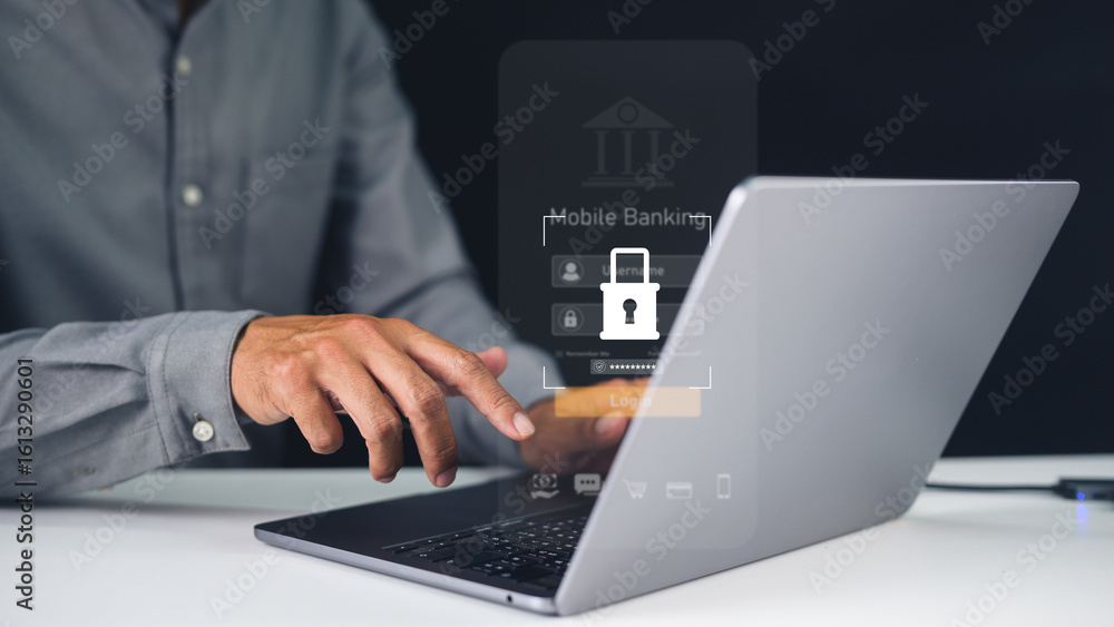 Poster person using a laptop with a mobile banking login screen and a security lock icon overlay.