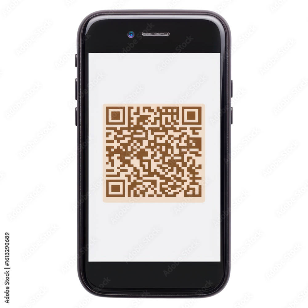 Poster qr code displayed on smartphone screen for digital access, isolated on transparent background.