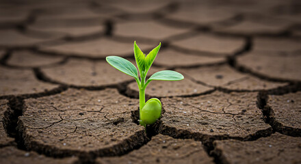 artistic close-up of a delicate plant sprout pushing through dry, cracked earth