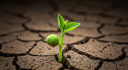 artistic close-up of a delicate plant sprout pushing through dry, cracked earth