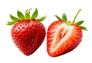 Juicy Ripe Whole and Sliced Strawberries with Dew Drops &ndash; Transparent PNG File.