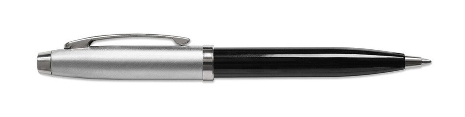 Ballpoint pen isolated in transparent PNG, top view of black pen, business office desk design element