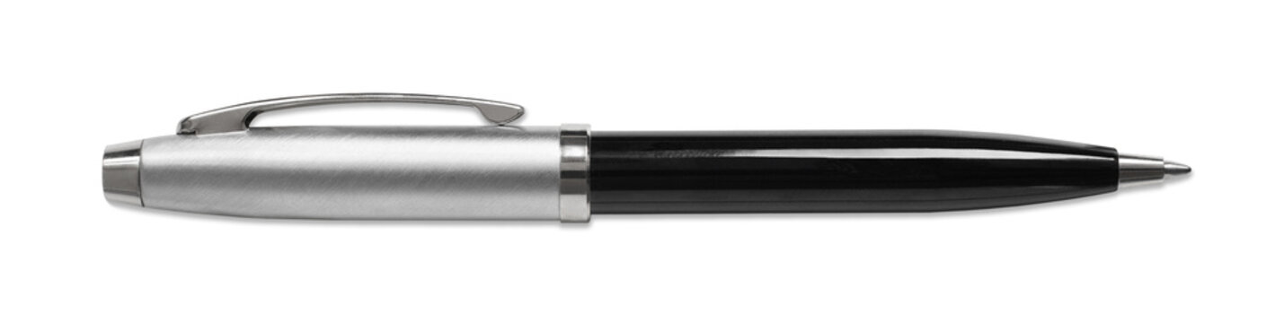 Ballpoint pen isolated in transparent PNG, top view of black pen, business office desk design element