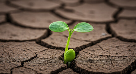artistic close-up of a delicate plant sprout pushing through dry, cracked earth