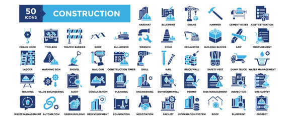 50 Construction icon set. Containing design industry, construction, site, business, safety, architecture	