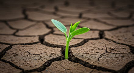 artistic close-up of a delicate plant sprout pushing through dry, cracked earth