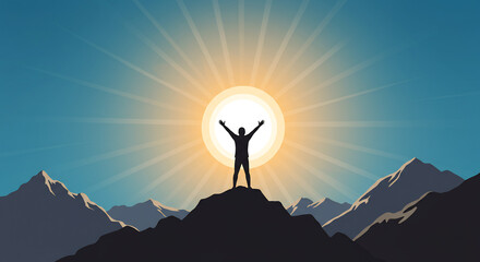 minimalist image of a person standing on a mountain peak, arms outstretched towards a brilliant, radiant sun