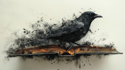 Majestic black raven rises from swirling smoke perched on glowing ancient book representing mystery magic knowledge and the powerful connection between literature fantasy and timeless wisdom