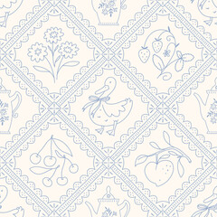 Hand drawn cottage core seamless lattice pattern with a charming whimsical coquette design. Soft blue, pastel, and nostalgic trellis print. Perfect for textiles and romantic vintage-inspired decor.