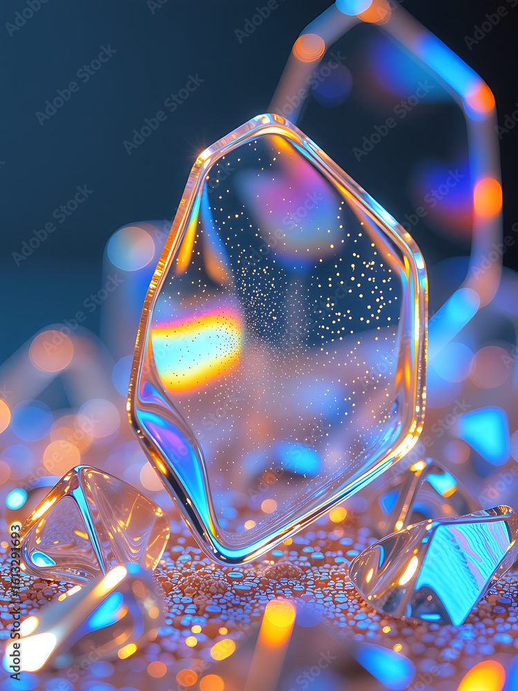 Poster iridescent glass shards suspended shimmering mesmerizing spectrum rainbow colors soft diffused light