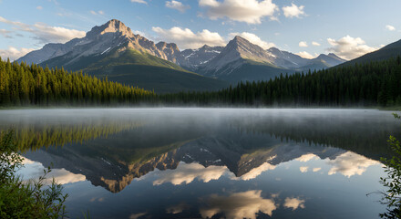 Mountain Reflection in Misty Lake at Dawn