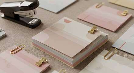 Office Supplies Stapler Paper Stacks and Golden Clips on Textured Surface