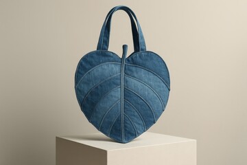Stylish denim tote bag in the shape of a leaf, displayed on a pedestal with minimalist beige background.


