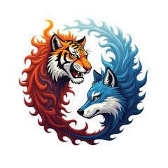 The tiger and wolf form a ying and yang shape and are decorated with fire and ice on a white background