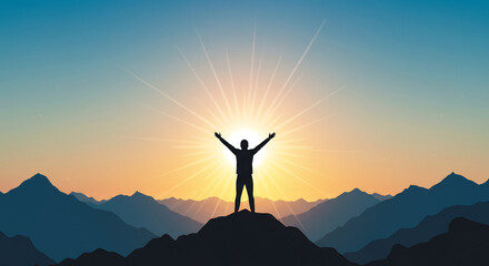 minimalist image of a person standing on a mountain peak, arms outstretched towards a brilliant, radiant sun