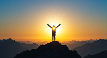 minimalist image of a person standing on a mountain peak, arms outstretched towards a brilliant, radiant sun