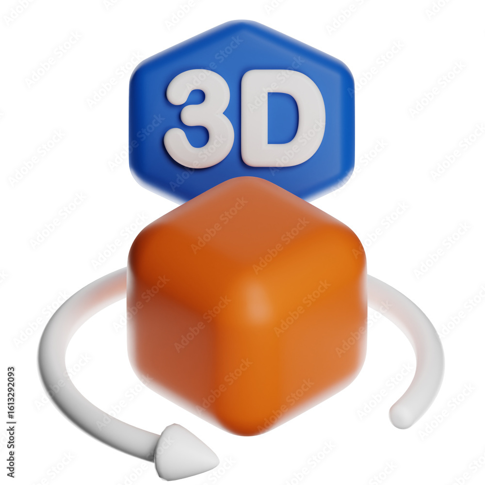 Poster orange cube rotating with 3d symbol on transparent background