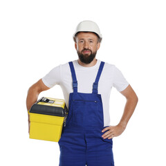 Professional repairman with tool box on white background