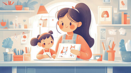 Creative Project: Mother and Daughter Engaging in Drawing Activity at Home