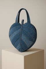 Stylish denim tote bag in the shape of a leaf, displayed on a pedestal with minimalist beige background.


