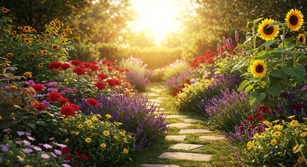 vibrant, lush garden overflowing with colorful, diverse flowers, with a small, winding path leading to a bright