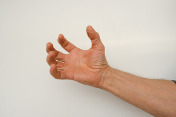male hand reaching out, reaching into empty space, taking invisible object, delicate gesture,...