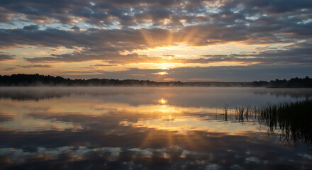 serene lake at dawn, with the first rays of sunlight breaking through the clouds, reflecting on the still water