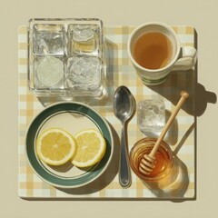Deconstructed lemonade setup featuring ice cube tray, lemon slices, honey dipper, and tea cup on a checkered tray, creating a refreshing beverage preparation scene